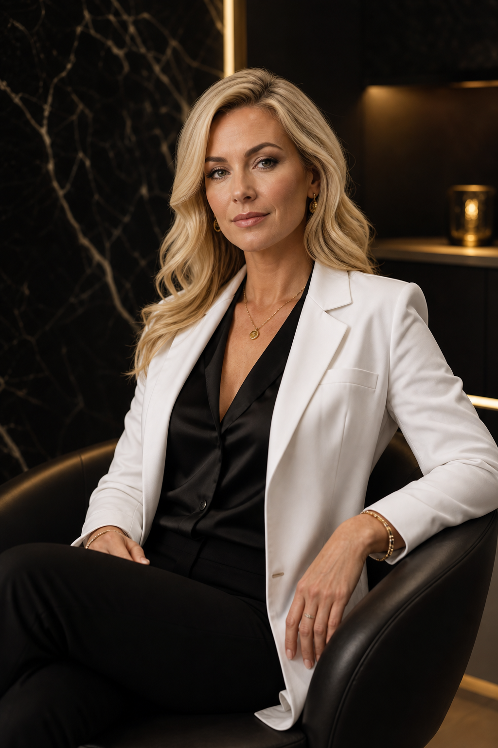 Sample blonde luxury cosmetic specialist in medical coat