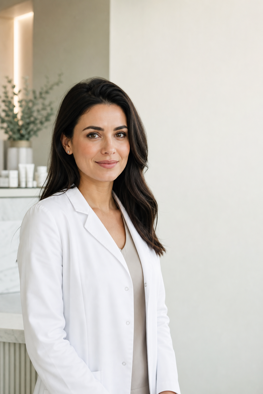 Sample brunette cosmetic specialist in medical coat